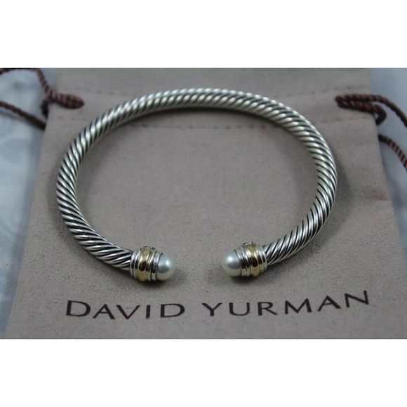 David Yurman Sterling Silver & 14k Gold Pearl 5mm Cable Cuff Bracelet Sz Medium - Picture 1 of 4